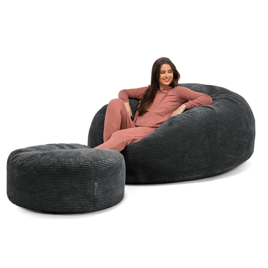 Canapé Pouf Géant Grande Mammouth - Velours Côtelé Gaufré Noir 02