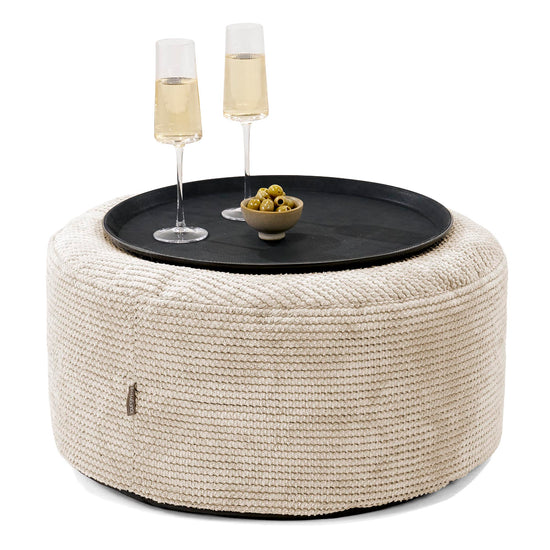 Pouf Ottoman avec Plateau - Velours Côtelé Gaufré Crème 01