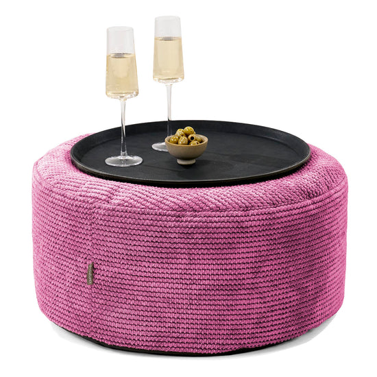 Pouf Ottoman avec Plateau - Velours Côtelé Gaufré Rose 01