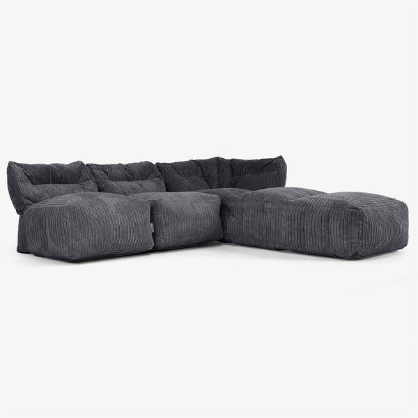 Canapé Modulable 3 Places avec Méridienne, sans Accoudoirs - Côtelé Noir 01