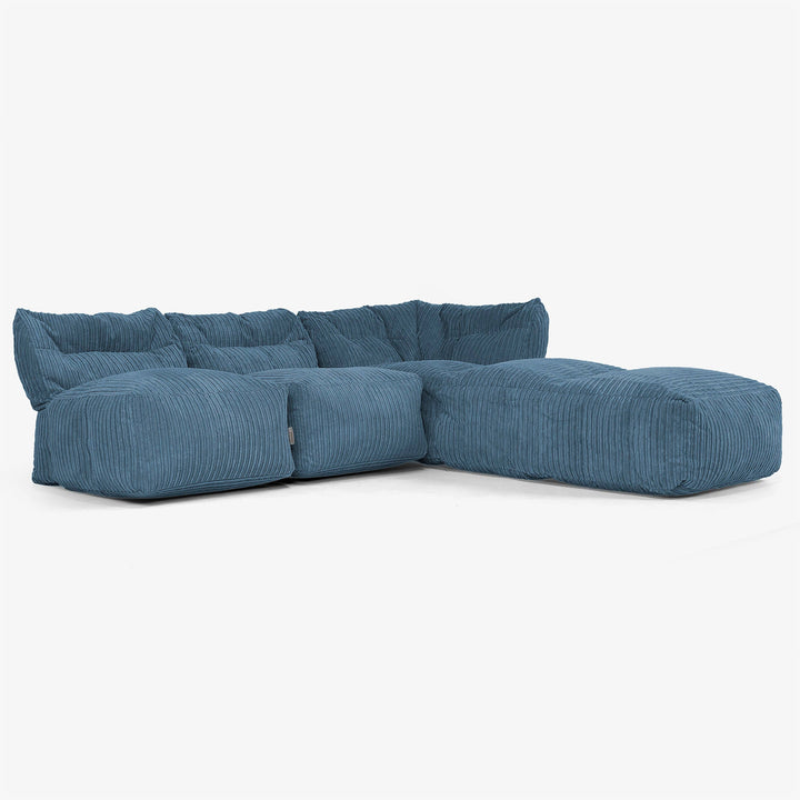 Canapé Modulable 3 Places avec Méridienne, sans Accoudoirs - Côtelé Bleu Marine 02