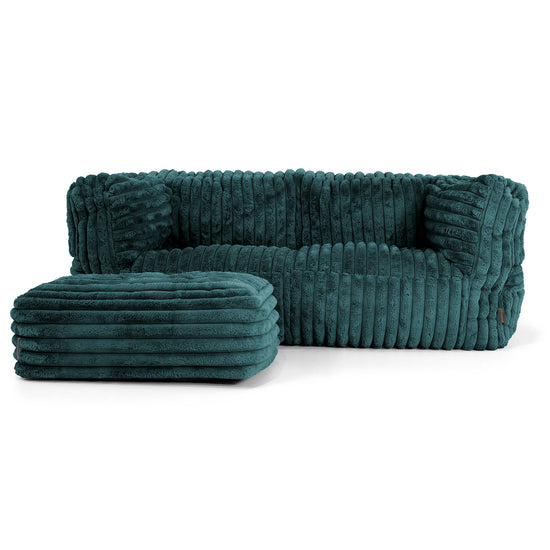 Canapé Pouf Albert 2 places - Velours Côtelé Ultra Pelucheux Bleu Canard 02