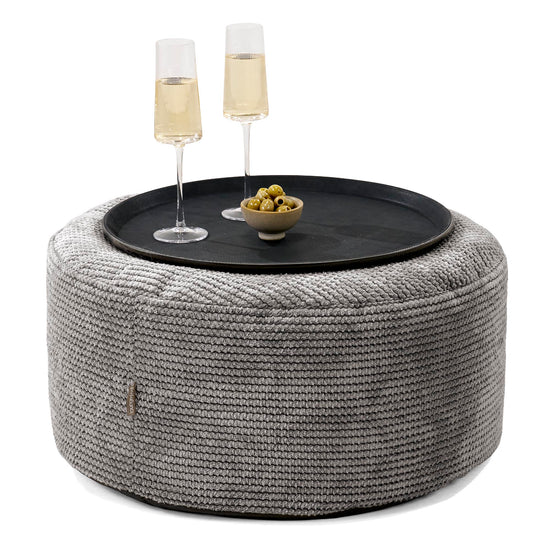Pouf Ottoman avec Plateau - Velours Côtelé Gaufré Anthracite 01