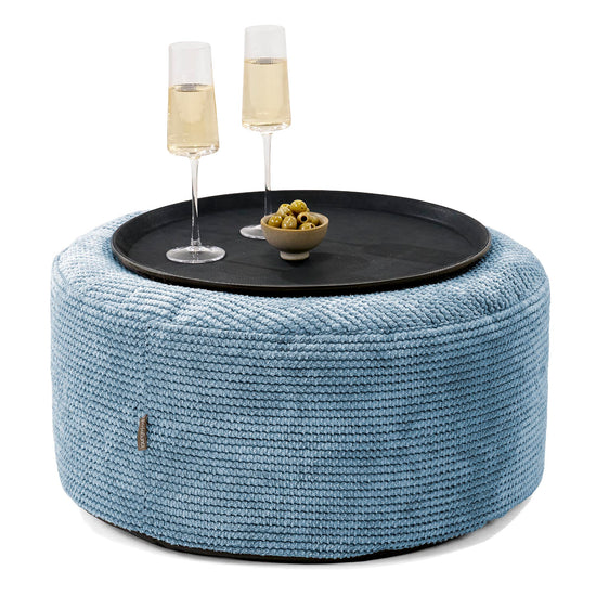 Pouf Ottoman avec Plateau - Velours Côtelé Gaufré Bleu Ciel 01