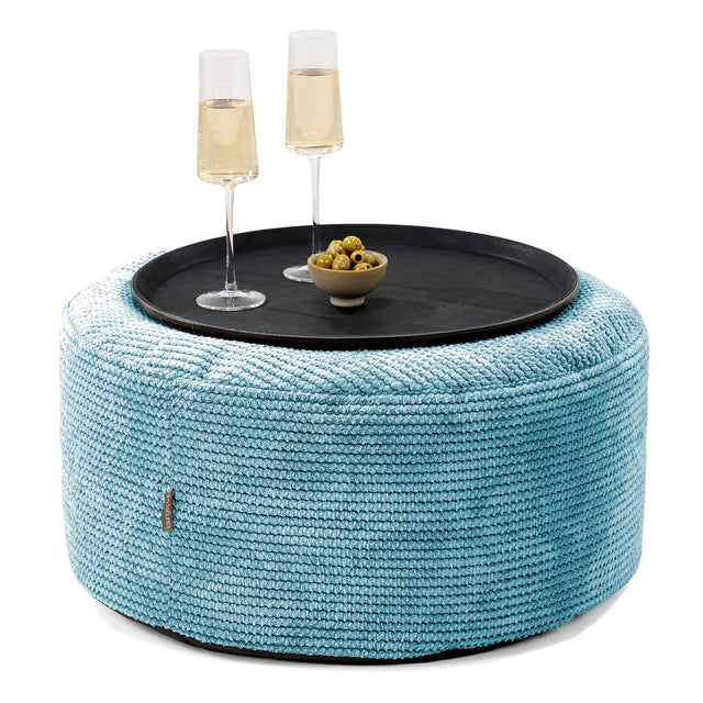 Pouf Ottoman avec Plateau - Velours Côtelé Gaufré Mer Égée 01