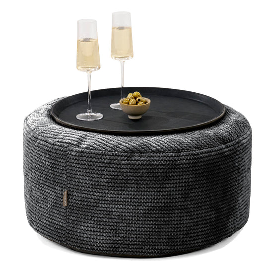Pouf Ottoman avec Plateau - Velours Côtelé Gaufré Noir 01