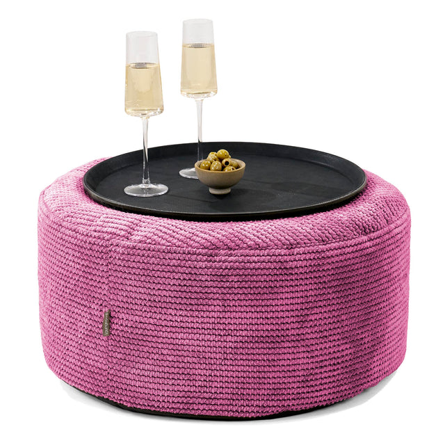 Pouf Ottoman avec Plateau - Velours Côtelé Gaufré Rose 01