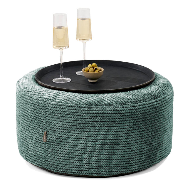 Pouf Ottoman avec Plateau - Velours Côtelé Gaufré Vert Mousse 01