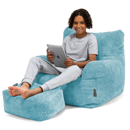 Pouf Fauteuil pour Ados 6-14 ans - Velours Côtelé Gaufré Mer Égée 01